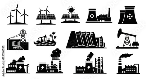 Energy Production Icons - Wind, Solar, Nuclear, Hydro, Oil, and Coal.