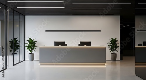 Modern office reception desk with sleek computers and plants in a minimalist interior