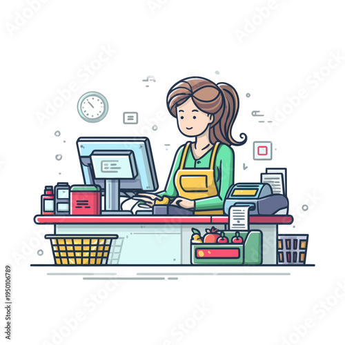 Cartoon Cashier Working at Retail Checkout Counter