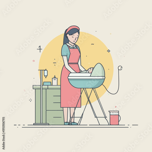 Caring Midwife Attends to Newborn Baby