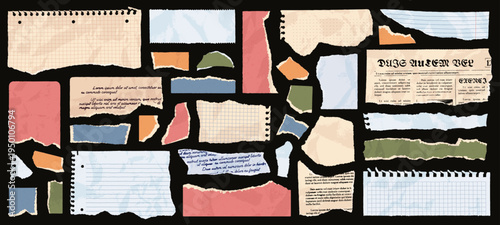 Realistic torn paper scraps, ripped notebook pages. Crumpled collage sheets with damaged edges, wrinkled old newspaper clipping, vintage letter shreds, torn book page, ragged memo note vector set