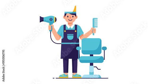 Hair stylist cartoon: A cartoon illustration captures a friendly hair stylist ready to provide service at a salon. The image showcases the stylist in action with tools such as hairdryer.