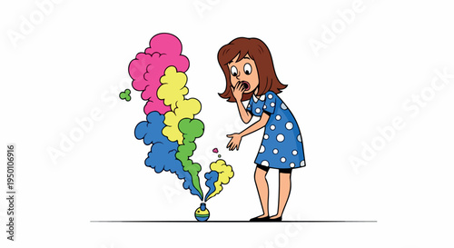 Cartoon illustration of a young girl releasing colorful smoke balloons while standing on a plain white background with a thoughtful expression.