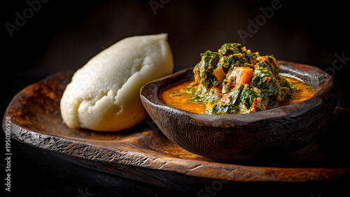 Authentic Nigerian pounded yam served with rich Egusi soup made from melon seeds, spinach, and spices in a traditional wooden bowl.