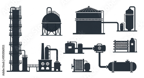 Silhouette Illustration of Industrial Plant and Equipment for Manufacturing.