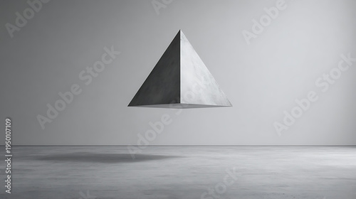 A pyramid is floating in the air above a white wall