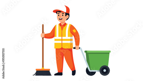 A Day in a Cleaner's Life: An illustration captures a dedicated cleaner, meticulously performing his duties with a broom and cart, a symbol of commitment to keeping the surroundings neat and tidy.