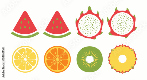 Tropical Fruit Slices Vector Set Isolated on White Background