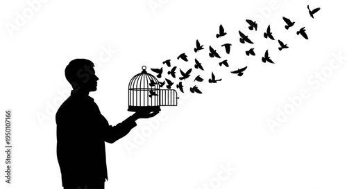 Man releasing birds from open cage silhouette vector freedom and liberation concept