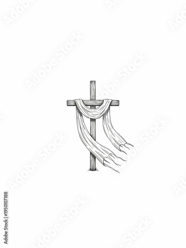 Christian cross with white shroud cloth hand drawn illustration