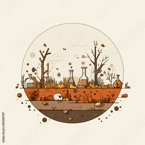 Environmental pollution scene with toxic waste and barren nature