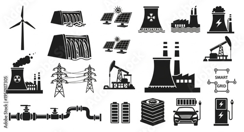 Diverse Energy Sources - Wind, Hydro, Solar, Nuclear, Fossil Fuels, and Electric Vehicles.