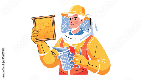 Beekeeper inspection: A beekeeper meticulously examines a honeycomb frame, dressed in protective attire while tending to a beehive, showing care and knowledge.