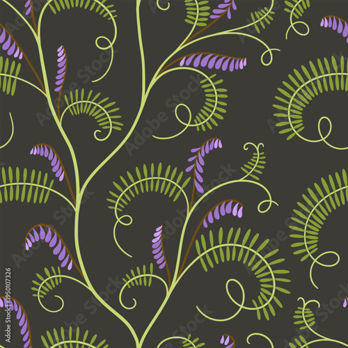 Tufted vetch wildflower seamless allover pattern. Delicate wild pea flower hand drawn vector illustration. Botanical spring summer nature print. Seasonal floral blossom background.