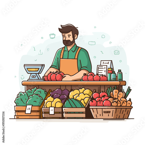 Happy Grocer Selling Fresh Produce at Market Stall