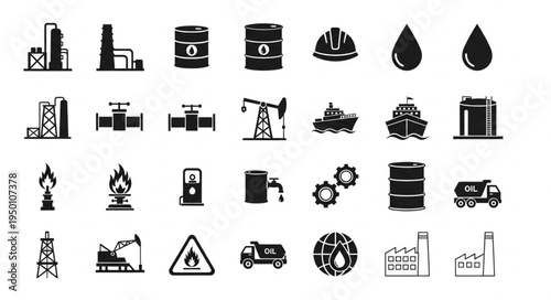 Collection of Oil and Gas Industry Icons in Black and White.