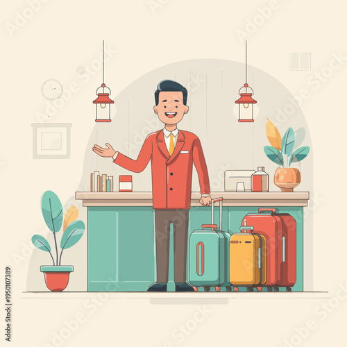 Hotel receptionist welcoming guests with luggage