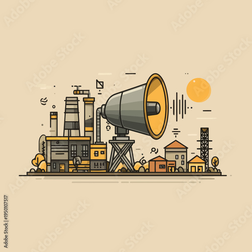 Industrial Noise Pollution Megaphone Over Cityscape