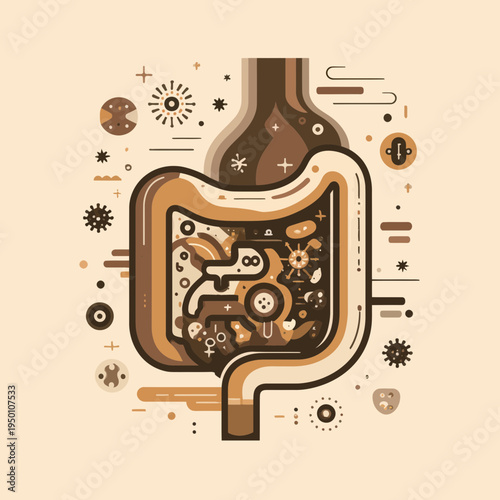 Intestinal microbes in stylized digestive system illustration
