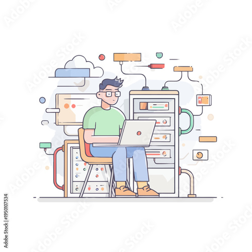 IT administrator works on laptop amidst server rack