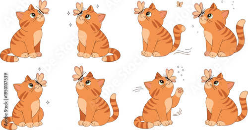 Cute Cartoon Kittens Playing with Butterflies for Playful, Nature, and Animal Design Projects