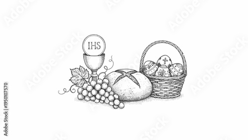 Christian Eucharist Symbols with Chalice Bread and Easter Basket