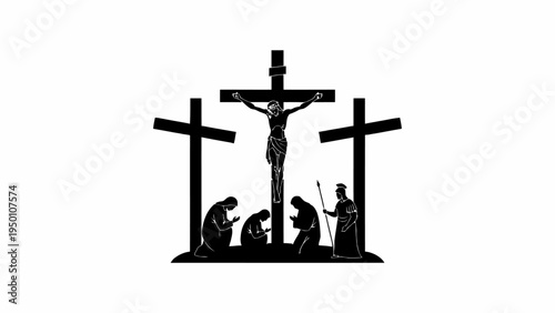 Jesus Christ Crucifixion Scene Silhouette with Crosses and Figures