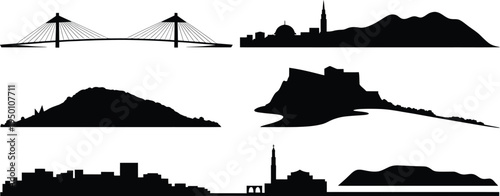 Abstract cityscapes and famous bridge silhouettes set vector illustration bundle on transparent background