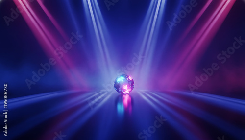 Abstract Stage Spotlight with Glowing Crystal Sphere and Blue Magenta Neon Light Rays