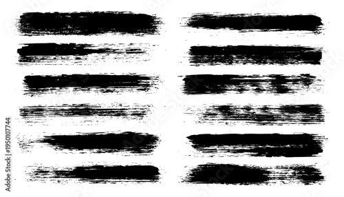 Long grunge brush strokes, lines, ink smudges, hand-drawn scribble shapes. Handmade sketchy marks, stains, charcoal streaks. Paint textures, dry brush effect. Marker underline. Vector illustration