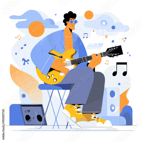 Musician Playing Guitar With Music Notes and Speakers