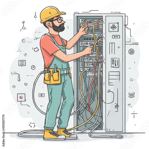 Network engineer working with server racks and cables