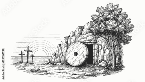Empty Resurrection Tomb with Rolled Stone and Three Crosses Sketch