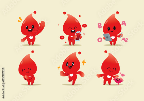 Cute blood drop mascot character set in different poses, blood donation concept, medical and healthcare vector illustration.