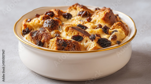 A close-up of a golden-brown, creamy bread pudding topped with juicy raisins and nuts, served in a white ceramic bowl with a gold rim. Delicious homemade custard dessert.