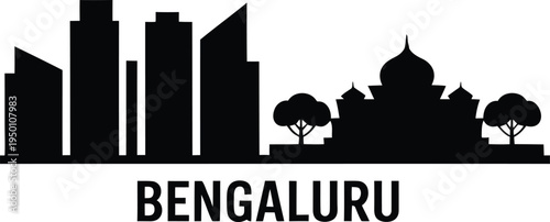 Black silhouette skyline of bengaluru city with modern buildings and traditional architecture dome