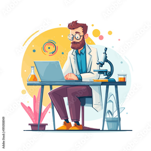 Scientist working on laptop with microscope at desk