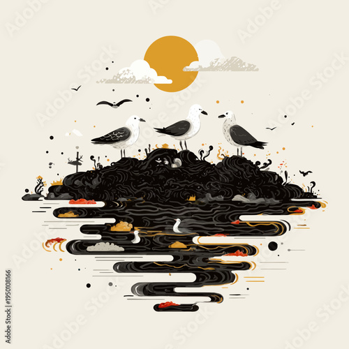 Seagulls on Oil Spill Contaminated Land Beneath a Sun