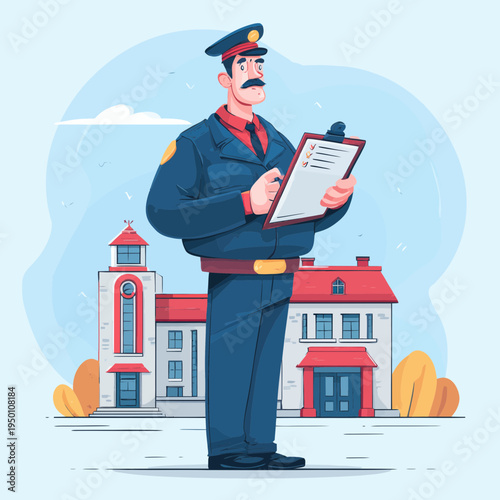 Security Officer Inspecting Building with Clipboard