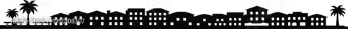 Coastal city skyline silhouette with palm trees and houses along beach front vector illustration