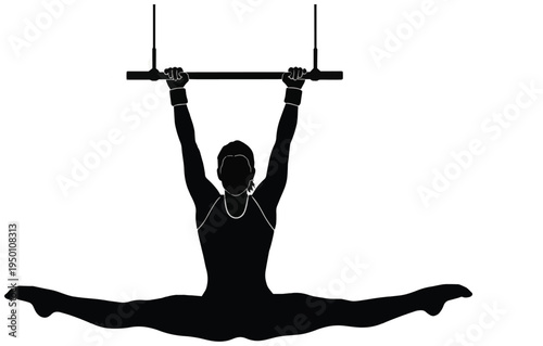 Female gymnast performing a wide leg split on a hanging bar silhouette showing strength and grace.