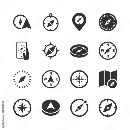 Compass and navigation symbols, monochrome icons set. Direction finder device, orientation tool, map navigation, geographic positioning, travel guidance. Black and white symbols style