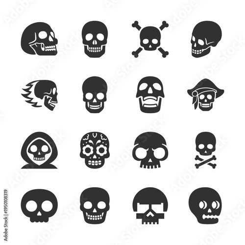 Human skull symbols, monochrome icons set. Skull shapes and variations, anatomy reference, danger and warning sign, death symbol, gothic, medical and cultural usage. Black and white symbols style.