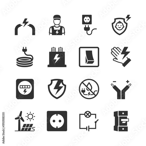 Electricity and electrical service, monochrome icons set. Power supply systems, electrical installation, repair and maintenance, wiring and safety equipment, energy control. Black and white symbols