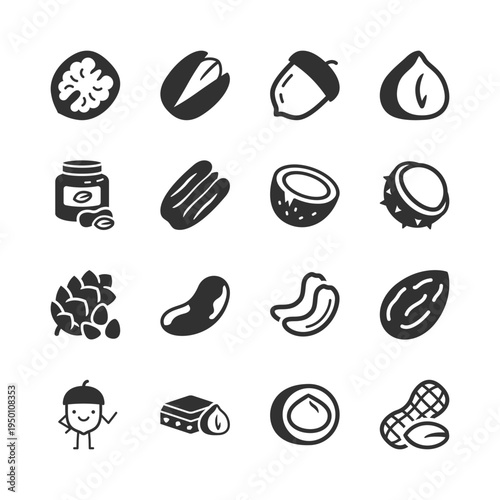 Nuts and seeds assortment, monochrome icons set. Various edible nuts, kernels and shells, healthy snack food, nutrition ingredients, cooking and grocery usage. Black and white symbols style
