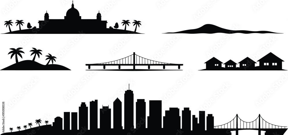 Naklejka premium Doha city skyline silhouette vector set featuring modern skyscrapers and architectural elements