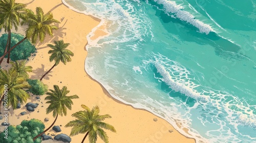 Aerial View of Scenic Beach with Tropical Trees and Gentle Waves