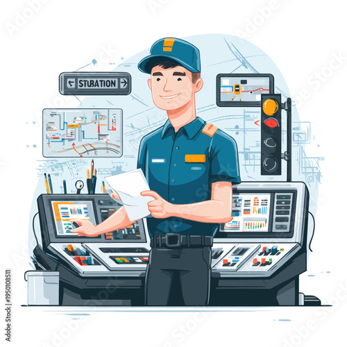 Traffic Control Operator Working at Station with Screens and Maps