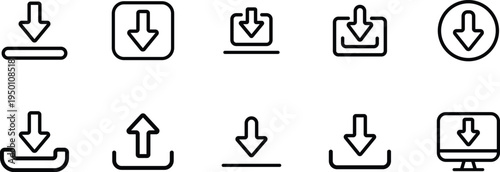 Collection of simple line art download and upload icons representing data transfer and storage on transparent background