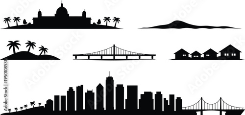 Doha city skyline silhouette vector set featuring modern skyscrapers and architectural elements